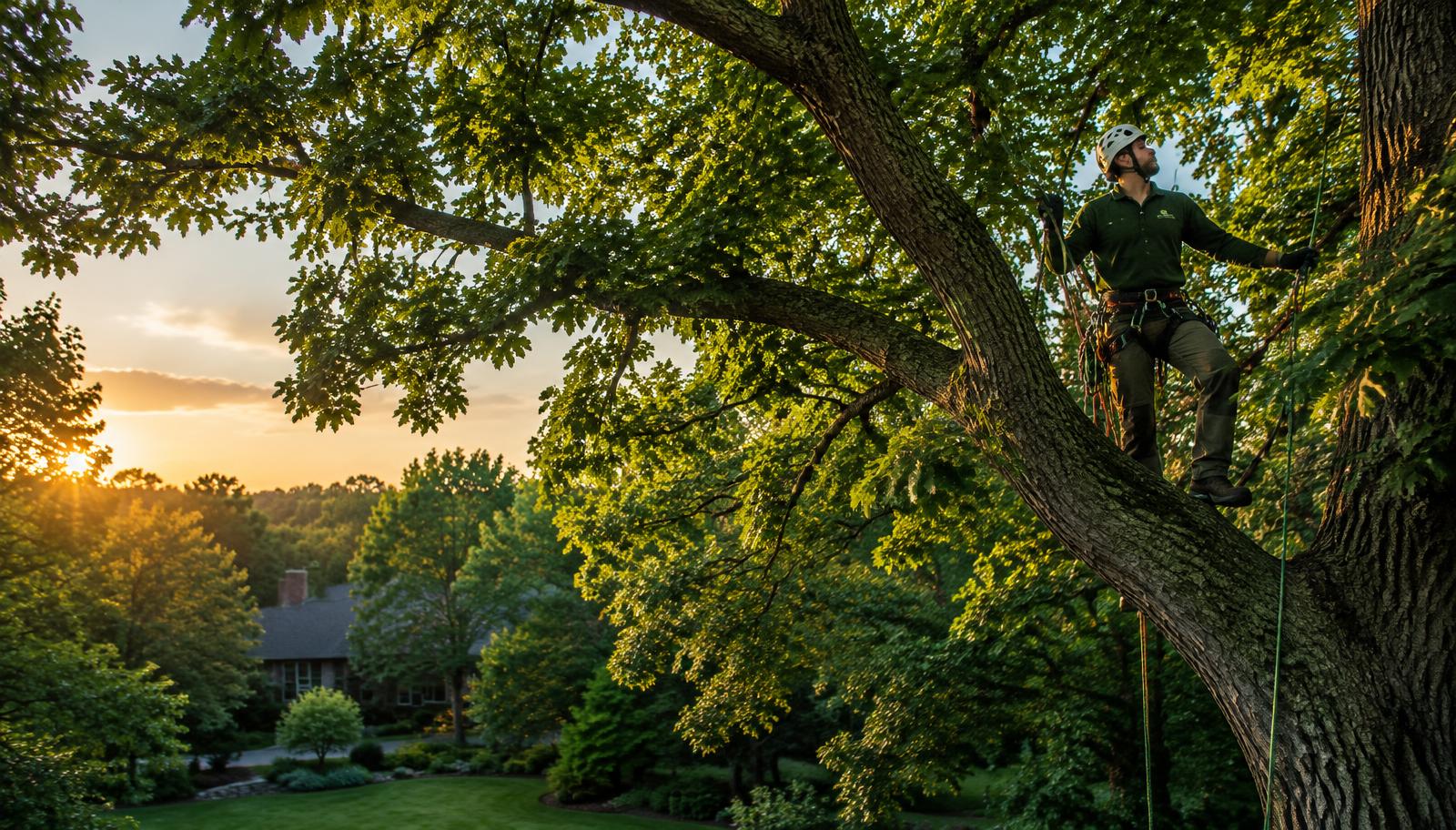Arborist inspecting the canopy of a mature oak
